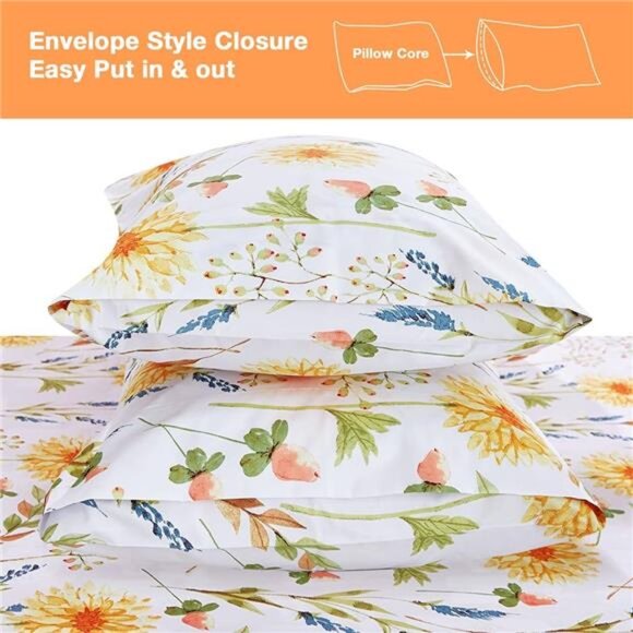 Yellow Floral Printed Sheet Set Queen Size, 4 Piece Soft Botanical Spring Sheets - Picture 3 of 7